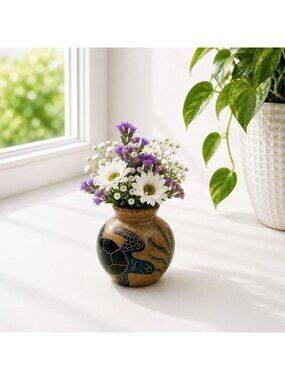 Handcrafted Small Ceramic Vase With Turtle Design - Rustic Brown & Green - 3" Ta